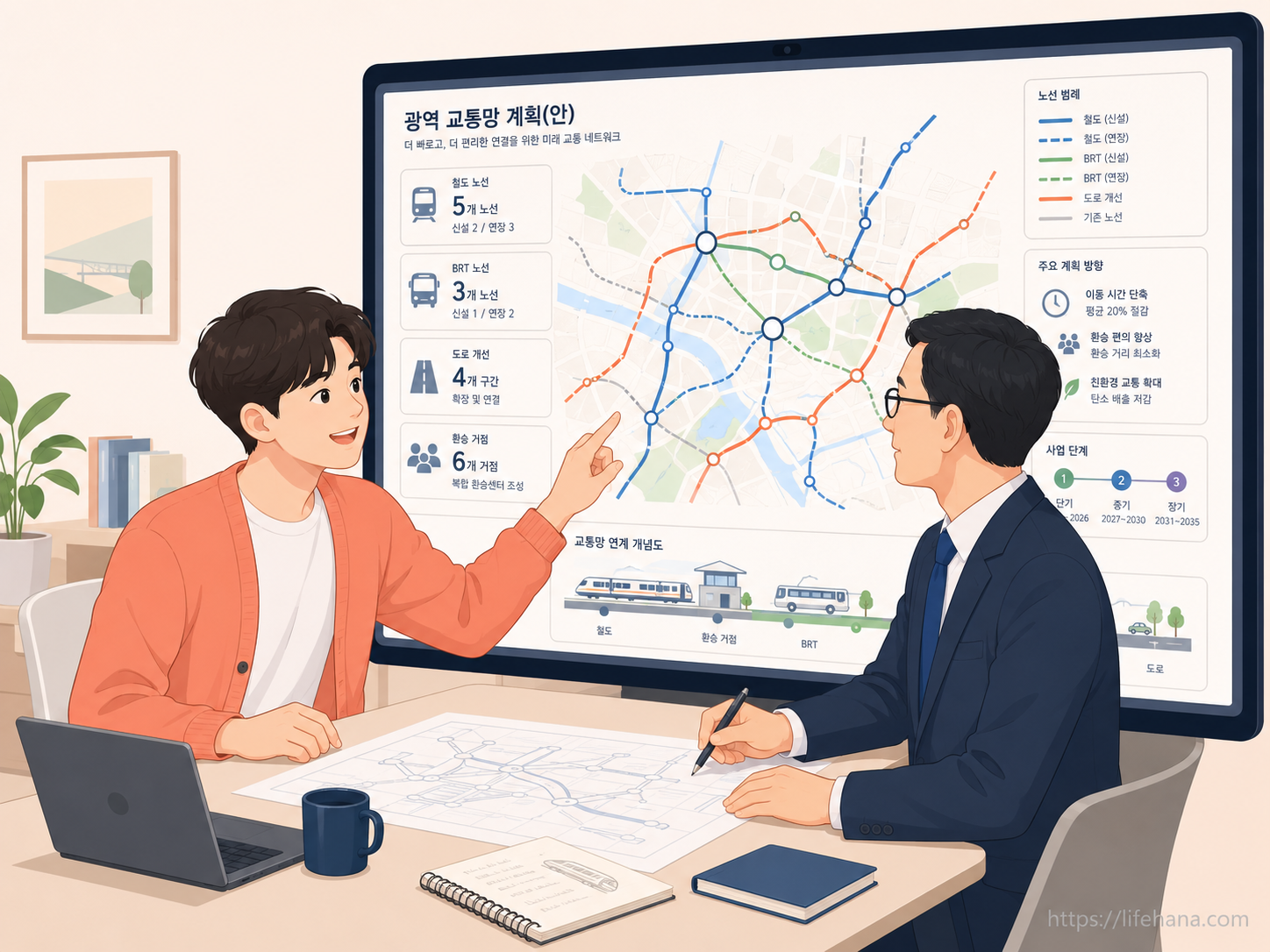 화창한 주무 부처 청사 집무실에서 공무원과 코랄 가디건을 입은 청년 자문위원이 함께 도시 교통망 표준 설계 도면을 스크리닝하며 미소 짓는 일상 일러스트