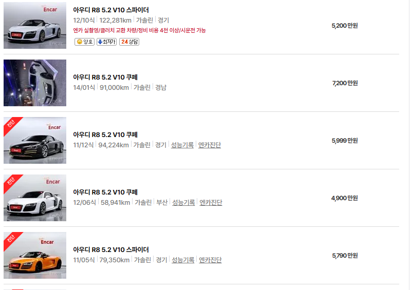 아우디 R8 중고차 가격 시세표 고속 시내 연비