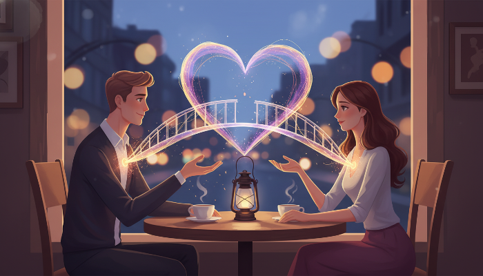 따스한 카페 분위기 속에서 두 남녀 사이에 연결되지 않은 보랏빛 마음의 다리가 놓여 있는 서정적인 일러스트