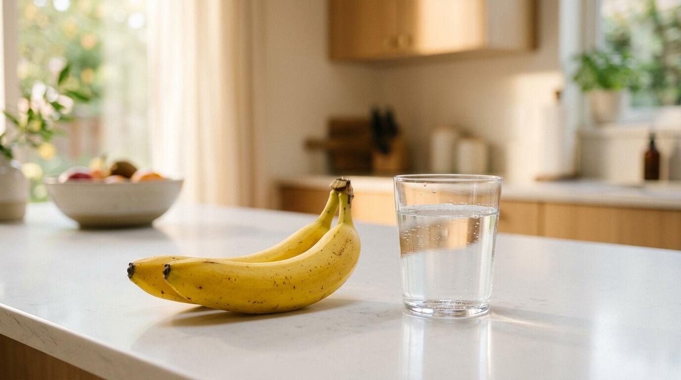 아침 햇살이 드는 주방 조리대 위의 바나나 두 개, 간단한 아침 바나나 식사
