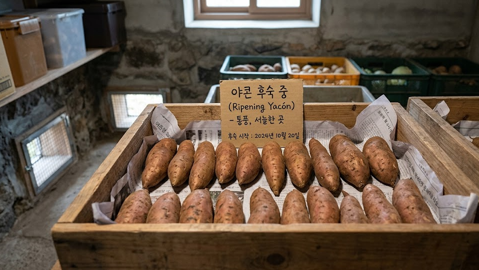 야콘의 당도를 높이고 안전하게 섭취하기 위해 통풍이 잘되는 곳에서 깐깐하게 숙성 보관하는 모습