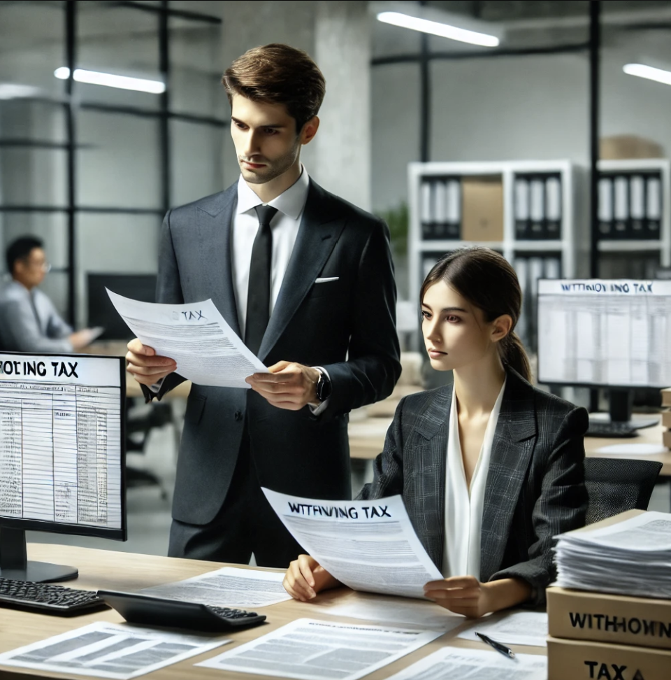 세무 전문가가 사무실에서 원천징수 관련 서류를 검토하는 모습