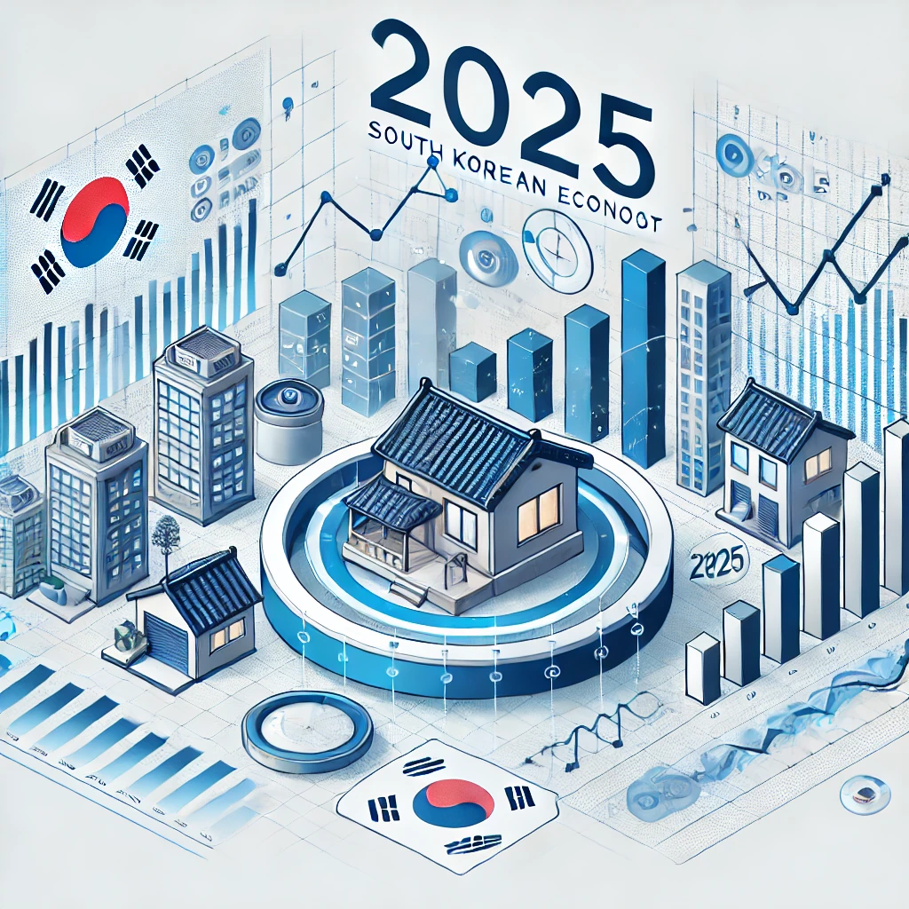 &quot;2025년 한국 경제 전망을 상징하는 현대적이고 직관적인 일러스트. 이미지에는 주식 시장 성장 차트, 부동산 트렌드 그래프, 금융 데이터가 포함되어 있으며, 금리 변동, 주택 시장 변화, 투자 기회를 나타내는 요소들이 조화롭게 배치된 경제 분석 블로그 표지에 적합한 디자인입니다.&quot;