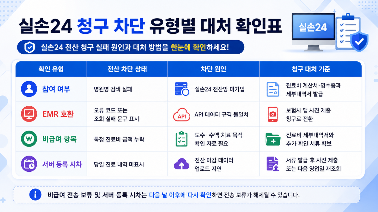 6. 실손24 청구 차단 유형별 대처 확인표를 정리한 16:9 인포그래픽으로, 참여 여부&middot;EMR 호환&middot;비급여 항목&middot;서버 등록 시차에 따른 전산 차단 상태와 원인, 청구 대처 기준을 표 형식으로 정리한 이미지