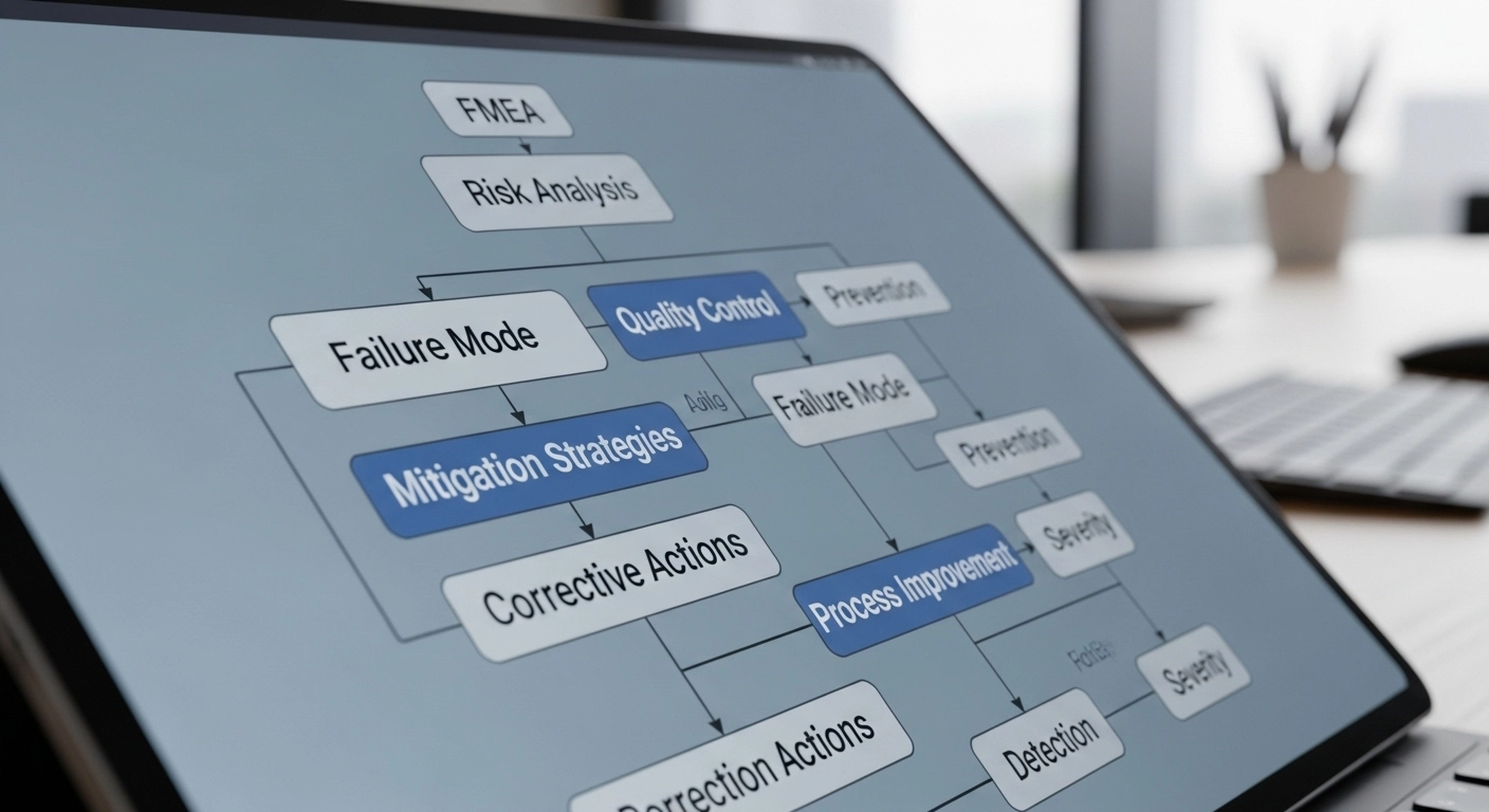 기업 진단 및 품질 관리에 필수적인 FMEA 기법의 핵심 요소를 시각화한 흐름도 또는 다이어그램.