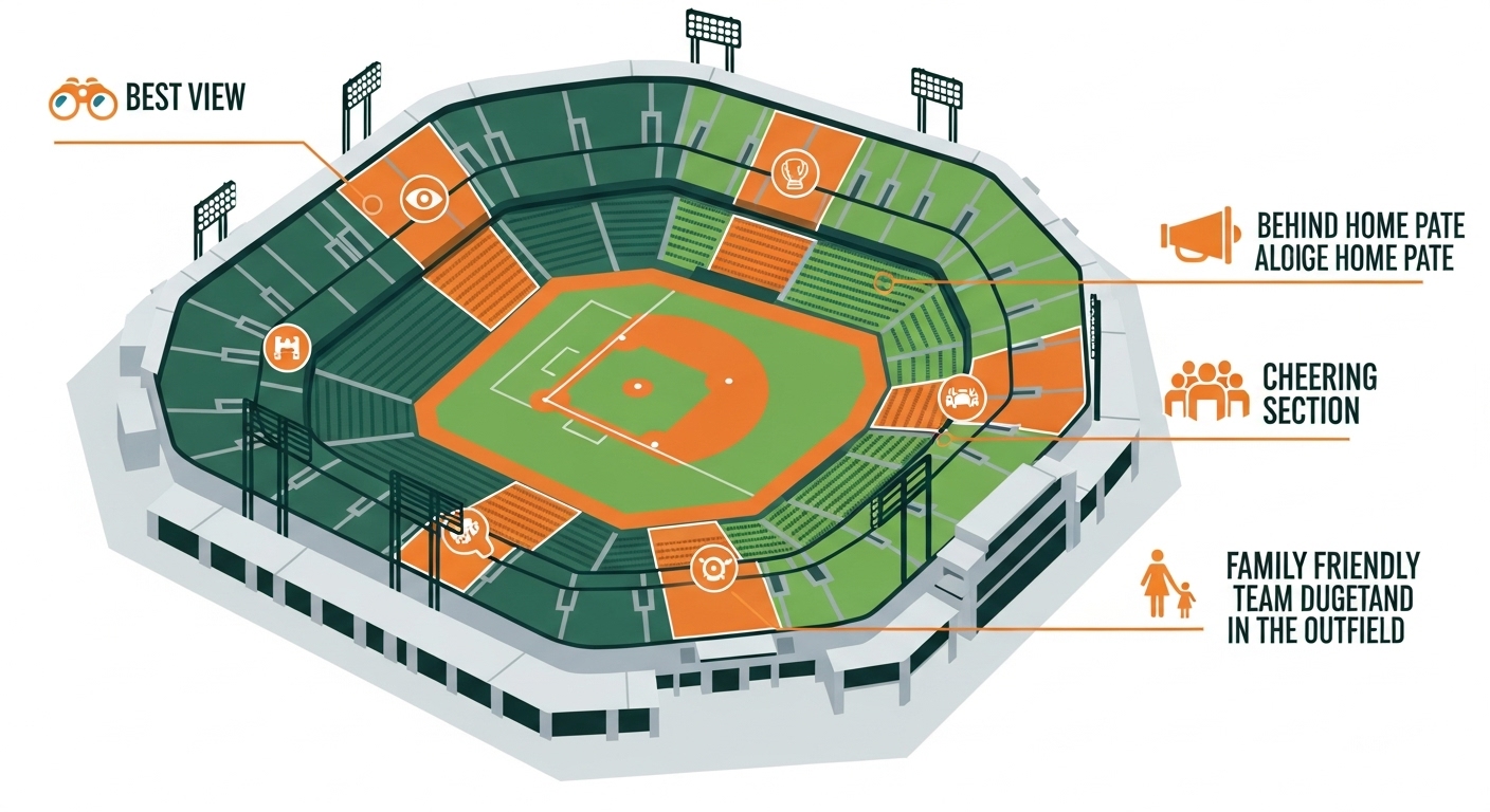 야구 경기장의 다양한 좌석 구역을 보여주는 인포그래픽 이미지. 시야, 응원석, 가족석 등 특징을 나타내는 아이콘이 표시되어 있다.
