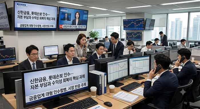 금융사 사무실에서 뉴스 화면과 주식 차트를 분석하는 직원들.