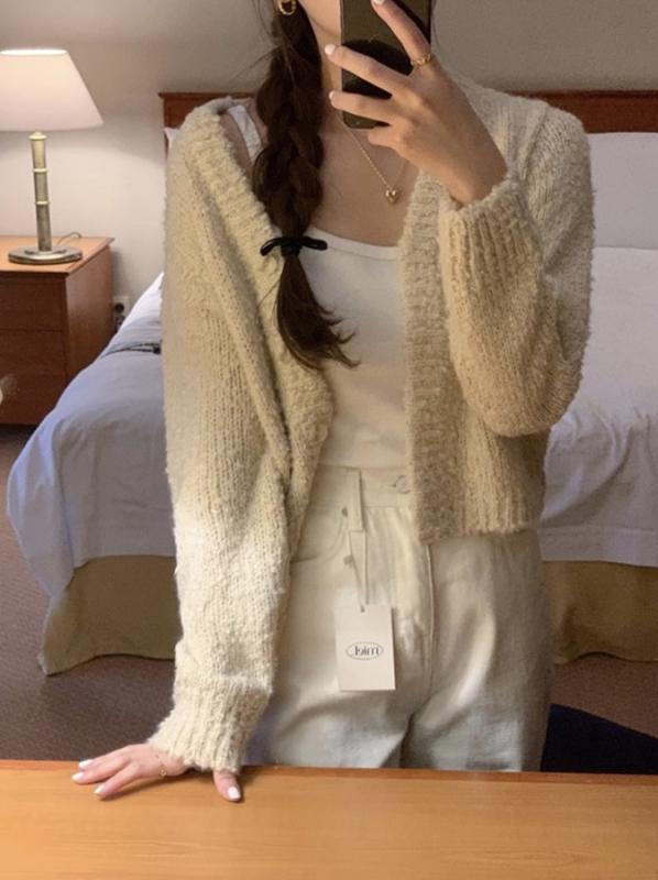 크림 miel 미엘 우드 크롭 가디건