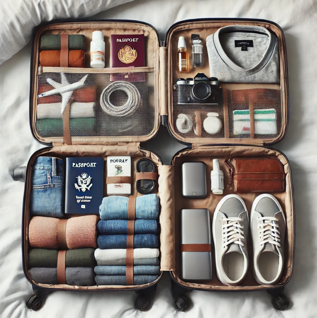 여행 준비물을 꼼꼼히 싼 여행가방 사진