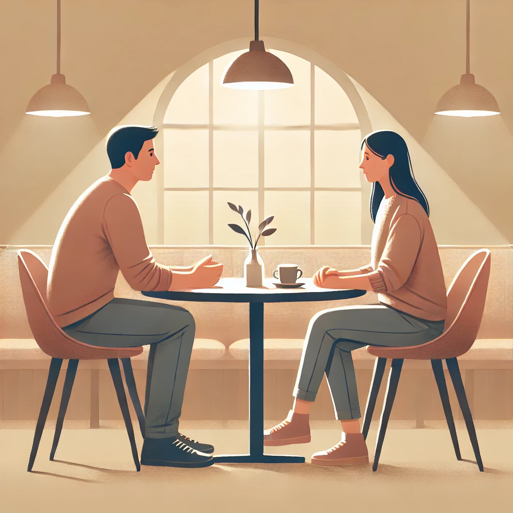 카페에서 대화를 나누며 서로의 말을 경청하는 커플, '나 좀 이해해줬으면 좋겠어'라는 말에 공감
