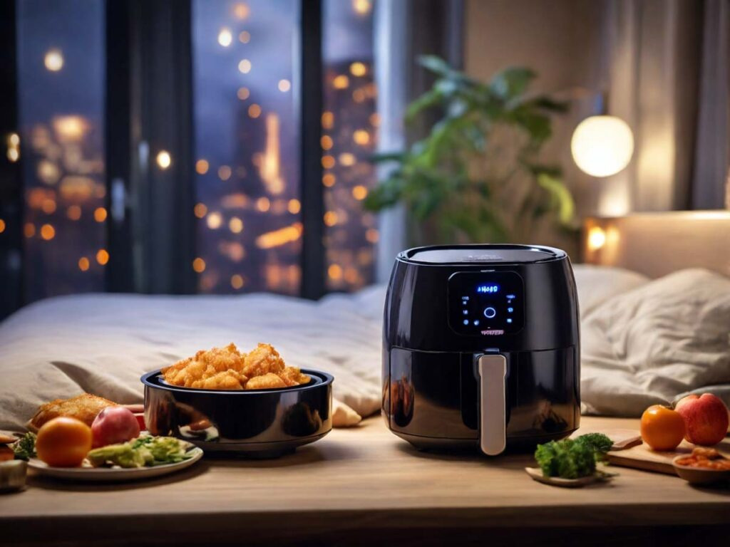 주방에서 에어프라이어와 세탁기를 활용하는 주부의 모습