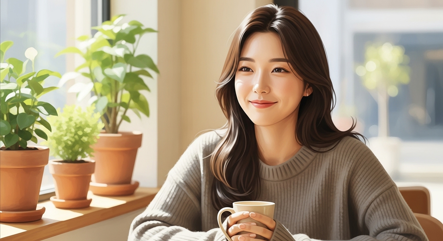 따뜻하고 편안한 분위기의 카페에서 차를 마시며 사색에 잠긴 에겐녀의 모습.