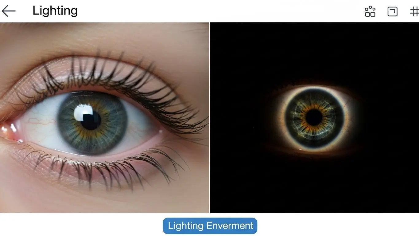 밝은 조명에서는 동공이 축소되고 어두운 조명에서는 동공이 확장되는 반응을 비교한 교육용 이미지