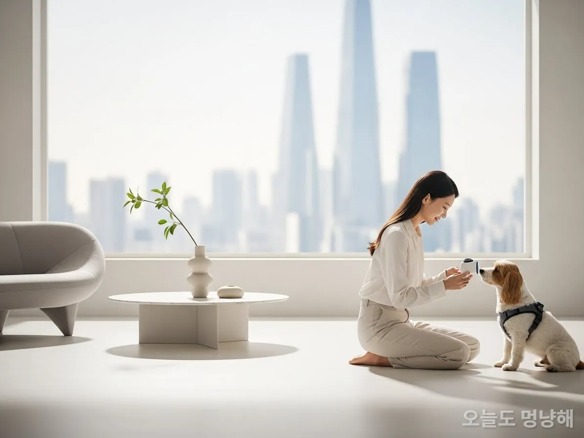 2026년 펫코노미 트렌드를 보여주는 스마트 펫 기기와 함께하는 한국인 반려인과 강아지