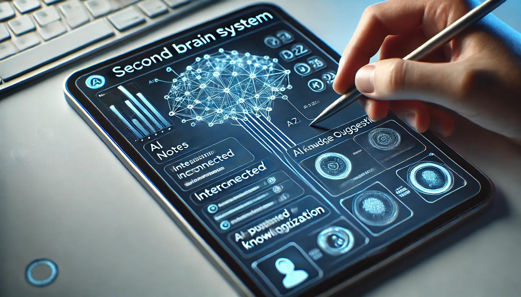 digital notebook interface on a tablet, showcasing interconnected notes, graphs