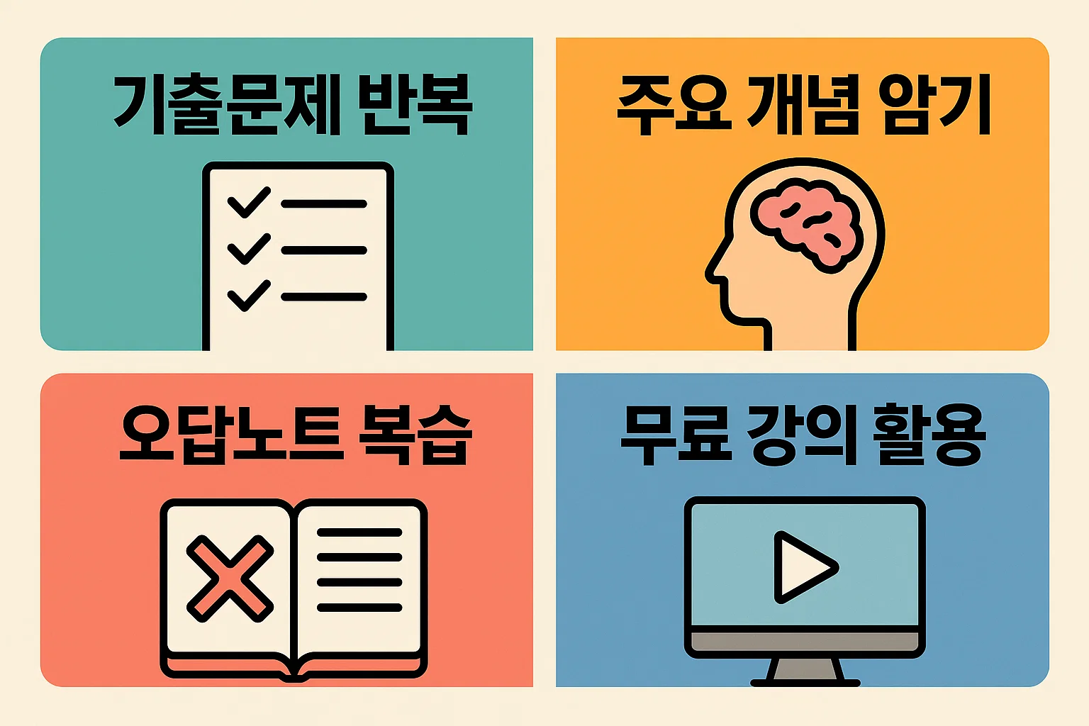 컴활2급 독학 필기시험 준비 전략을 안내하는 인포그래픽으로, 기출문제 반복 학습, 주요 개념 암기, 오답노트 활용, 무료 강의 활용 방법을 포함한 효과적인 학습 팁을 담고 있습니다.