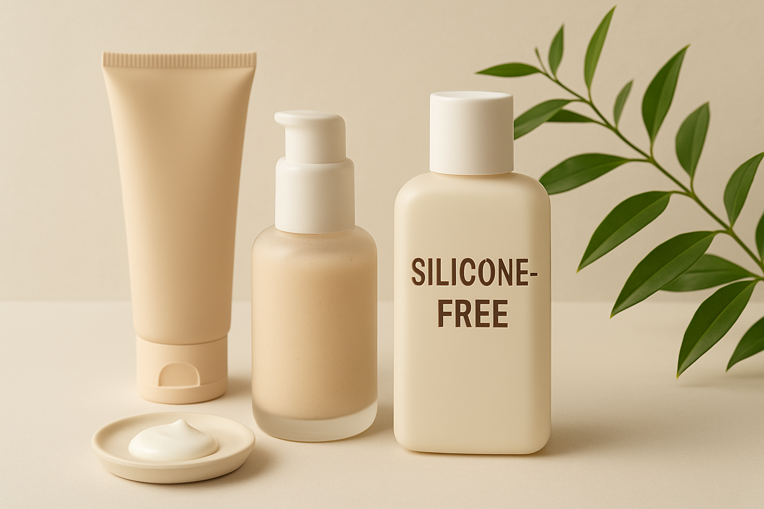 테이블에 화장품 몇개가 놓여이고 화장품용기에 "실리콘프리"라는 영어 문구가 적혀있고 자연을 강조한는 나뭇잎이 놓여져있는 이미지