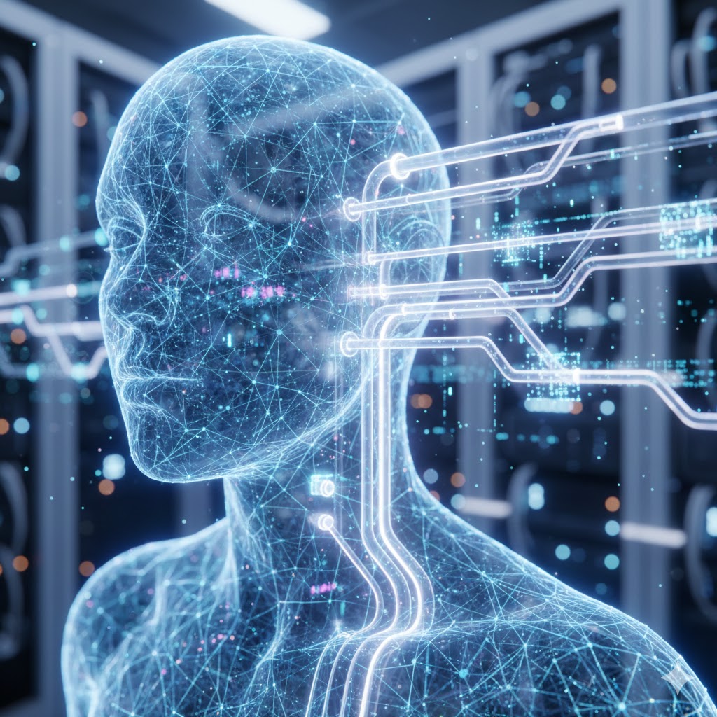 디지털 서버실을 배경으로, 빛나는 회로망과 데이터 스트림으로 이루어진 투명한 사람 형태의 두상과 상체 이미지예요. 머리와 목 부분에서 여러 개의 밝은 파이프나 배관처럼 보이는 선들이 뻗어 나와 주변의 데이터 처리 시스템과 연결되고 있어요. 이는 AI 에이전트의 컨텍스트 배관 기술, 즉 정보 흐름의 연결과 최적화 과정을 사실적이고 공학적인 느낌으로 시각화한 모습이에요.