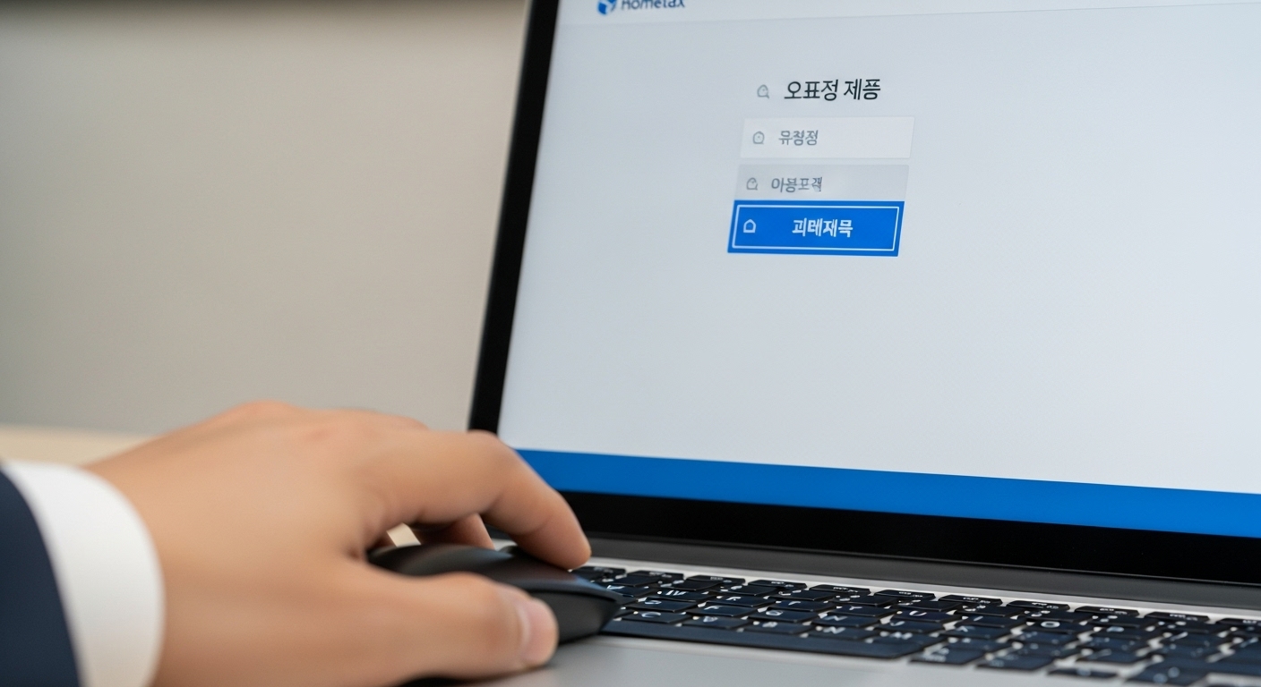 홈택스에서 전자세금계산서 건별 발급 메뉴를 선택하는 한국인 남성의 손