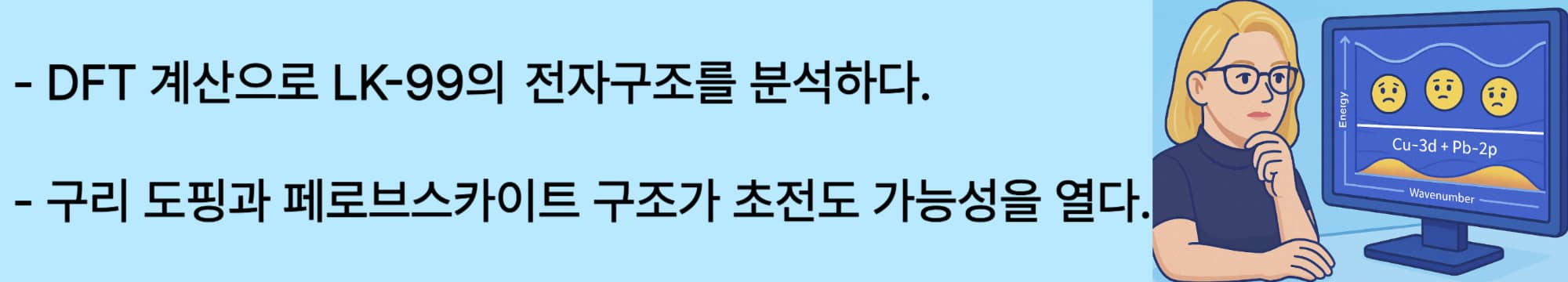 DFT 계산으로 LK-99의 전자구조를 분석하다. 구리 도핑과 페로브스카이트 구조가 초전도 가능성을 열다