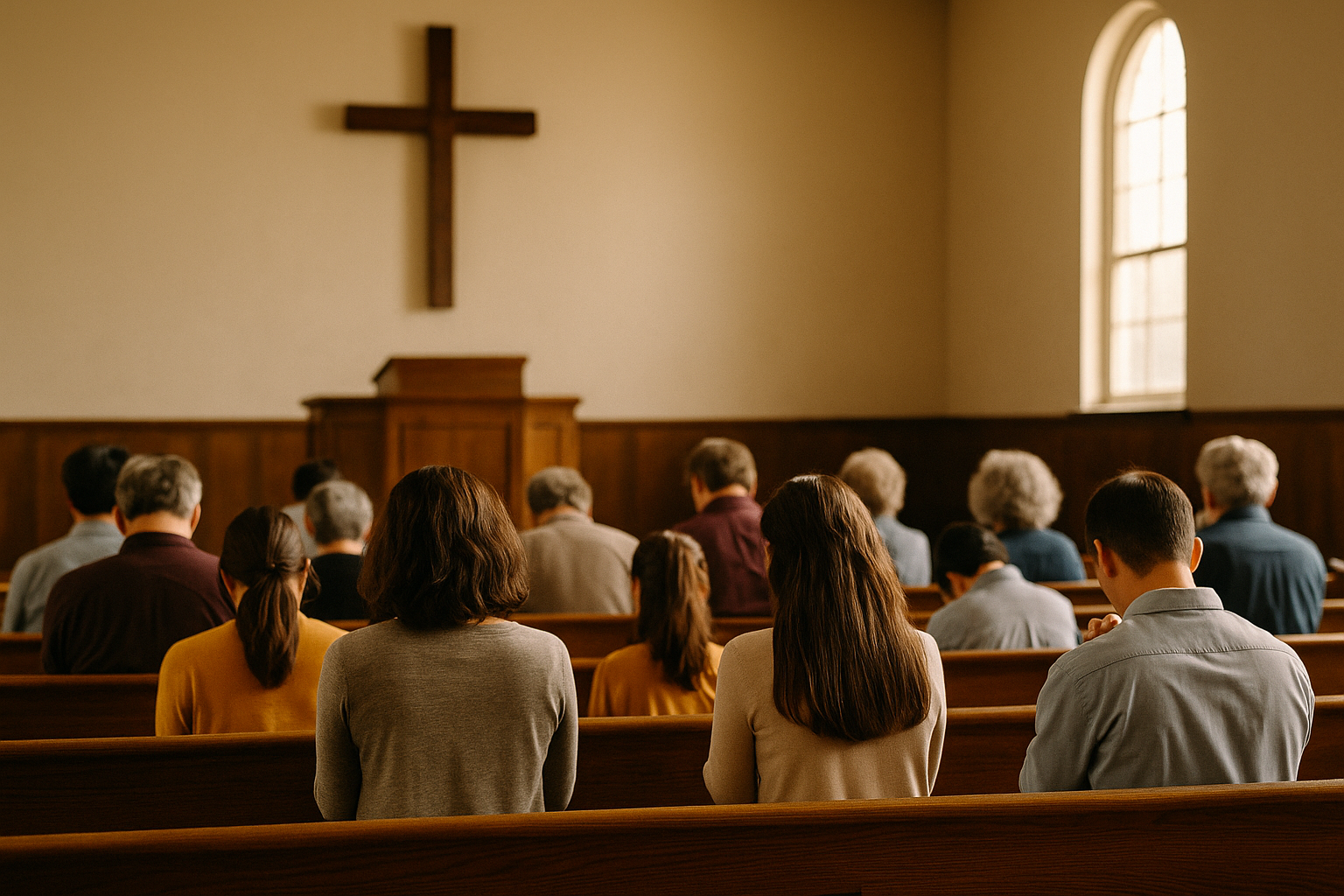 교회 본당 강단 앞에서 다양한 연령의 성도들이 눈을 감고 손을 모아 기도하는 장면. 앞쪽에는 십자가가 놓여 있으며, 따뜻한 빛이 비추어 공동체적 중보기도의 경건한 분위기를 전한다. 대표기도문과 교회를 위한 중보기도를 상징하는 예배 현장 이미지.