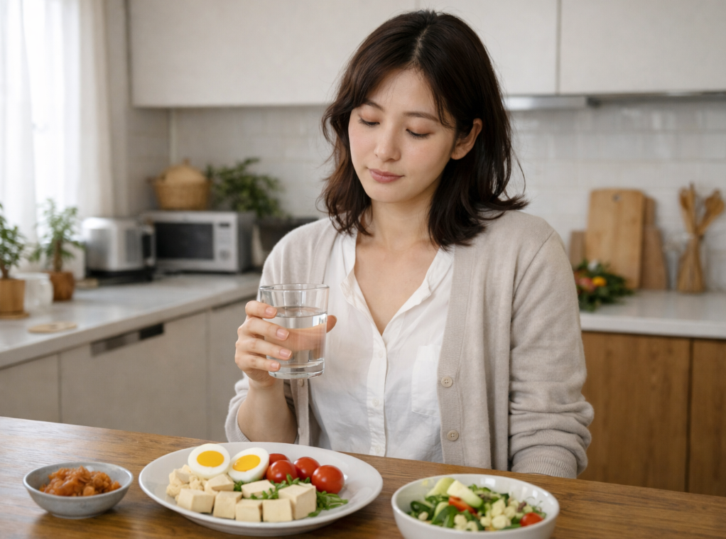 회식 다음날 식단하고 있는 30대 직장인 여성 이미지