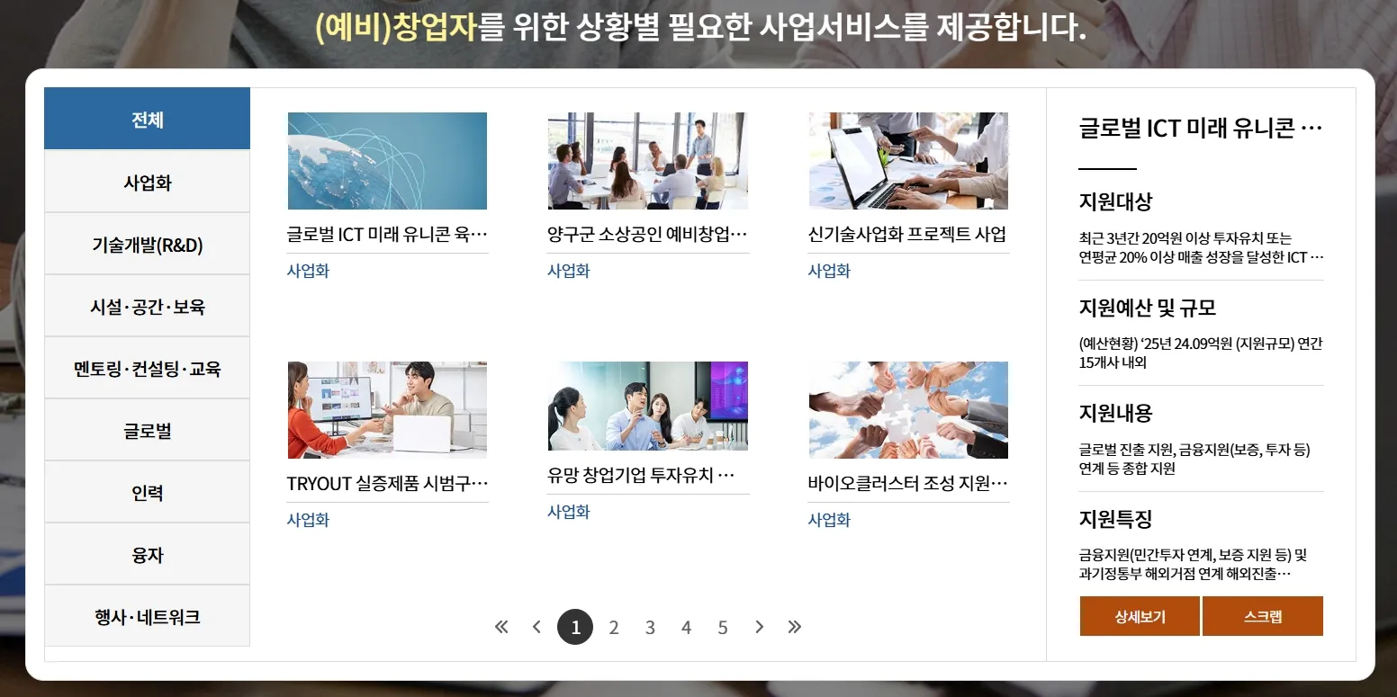 K-startup 소상공인 창업지원금 신청 창업자를 위한 홈페이지
사업 서비스 페이지