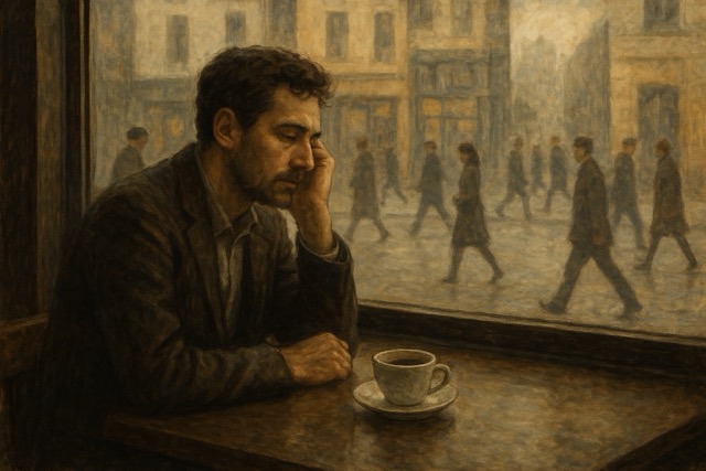 카페에서 인간관계를 고민하는 남자 그림