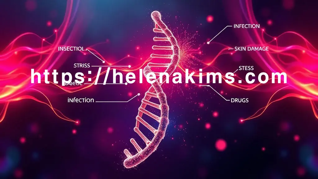 중심에 왜곡된 DNA 나선이 불안정하게 흔들리고, 그 주위로 스트레스, 감염, 피부 손상, 약물을 상징하는 날카롭고 역동적인 에너지 파동이 모여드는 그래픽 이미지.