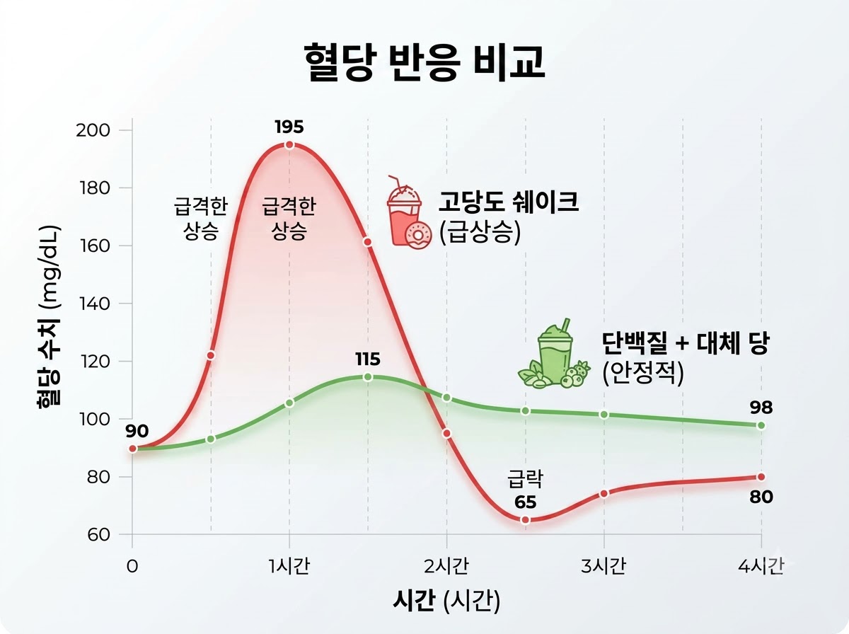 당류가 높은 쉐이크와 낮은 쉐이크 섭취 시 발생하는 혈당 스파이크 및 포만감 유지 곡선 비교 그래프.