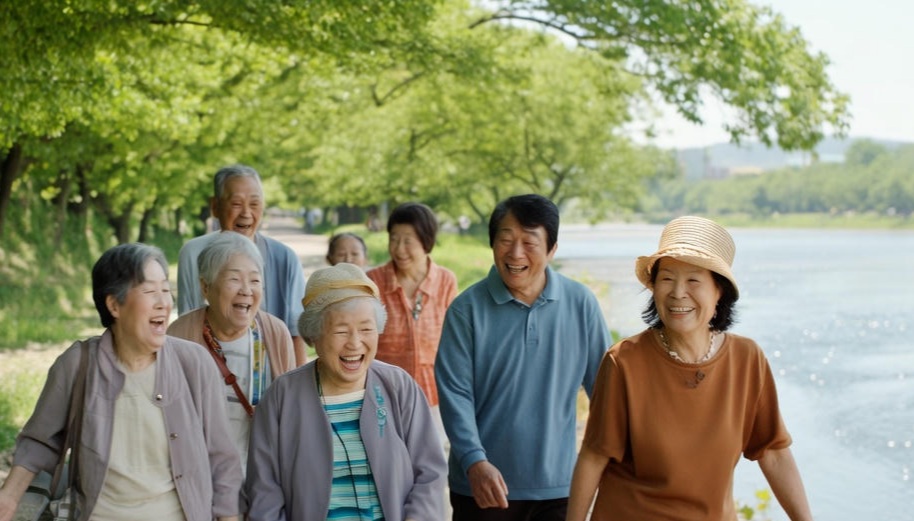 친구들과 함께 웃으며 이야기하며 강변을 따라 걷고 있는 여러 명의 한국인 노인들