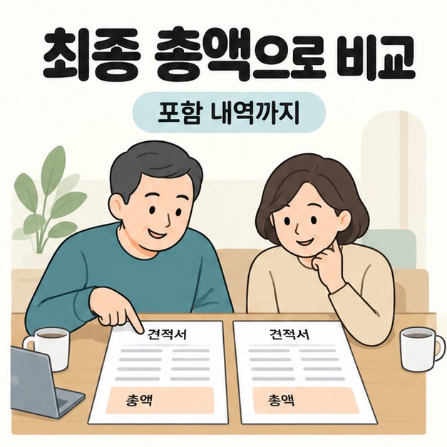 최종 총액으로 비교라는 문구와 포함 내역까지라는 안내 아래 부부가 식탁 위 견적서 두 장의 항목과 총액을 살펴보는 모습