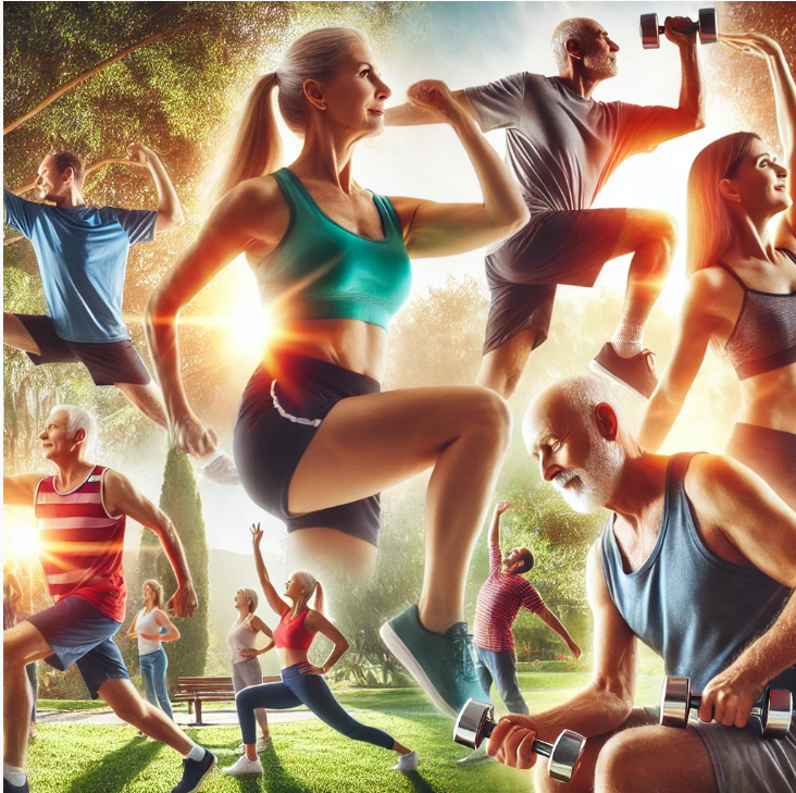 50대 남여 가 활기차게 운동하는 모습