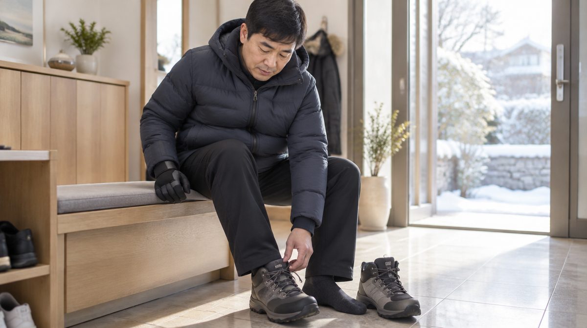 겨울 외출 전 현관에 앉아 신발을 신는 편마비 40대 남성