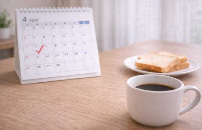 아침 식사를 대신한 커피와 토스트, 일정이 표시된 달력으로 본 불규칙한 식습관과 피로 상태
