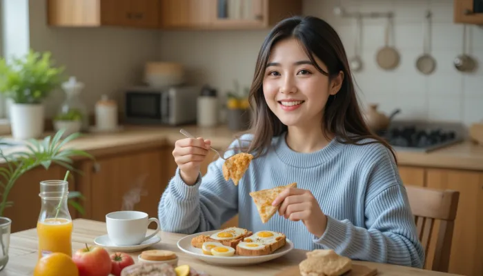아침식사로 간단한 토스트와 과일을 먹는 한국인 여성