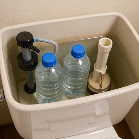 변기 물탱크에 페트병을 넣은 절수 시스템 이미지