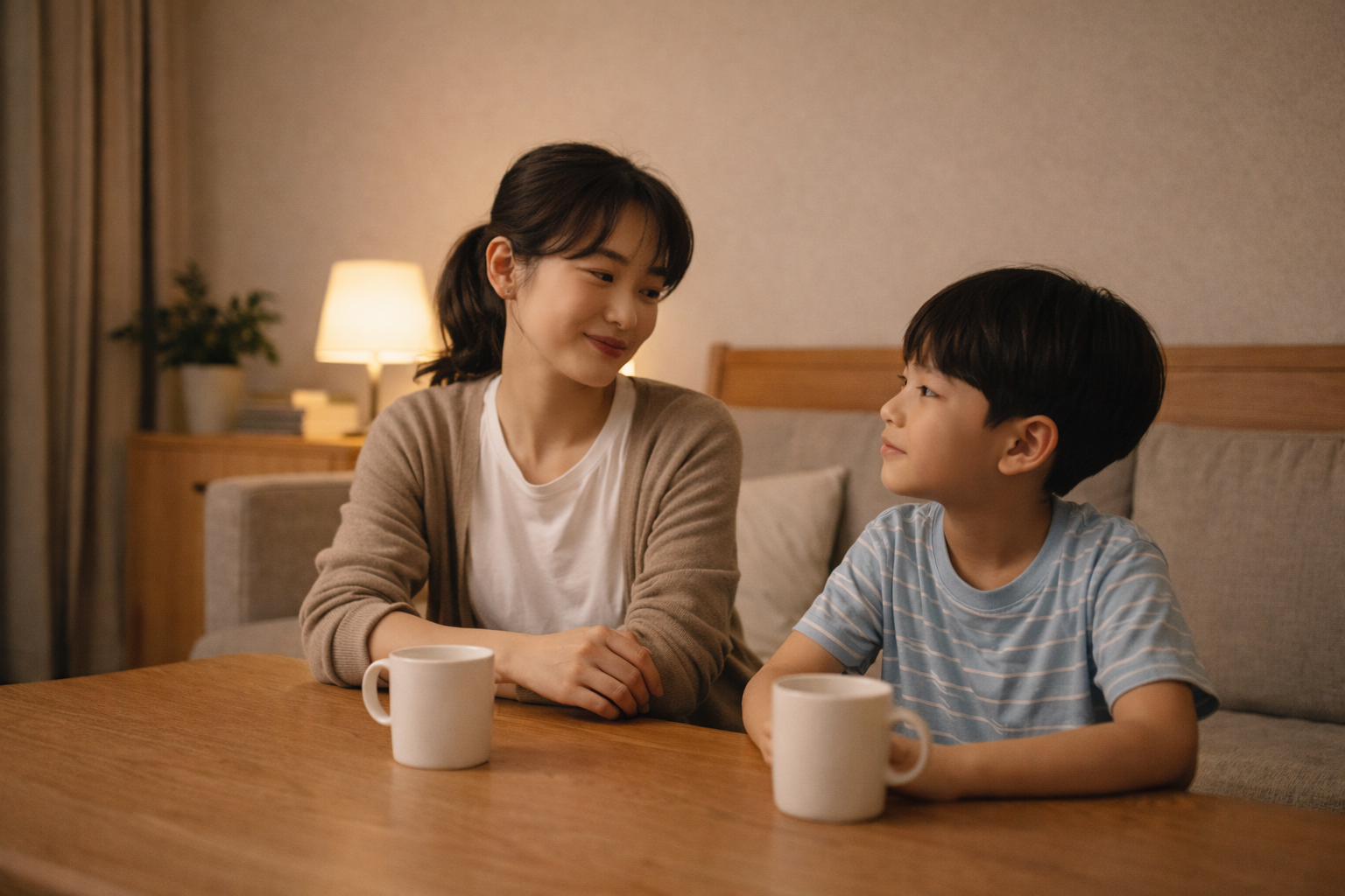 집에서 조용한 시간을 함께 보내는 부모와 아이의 모습