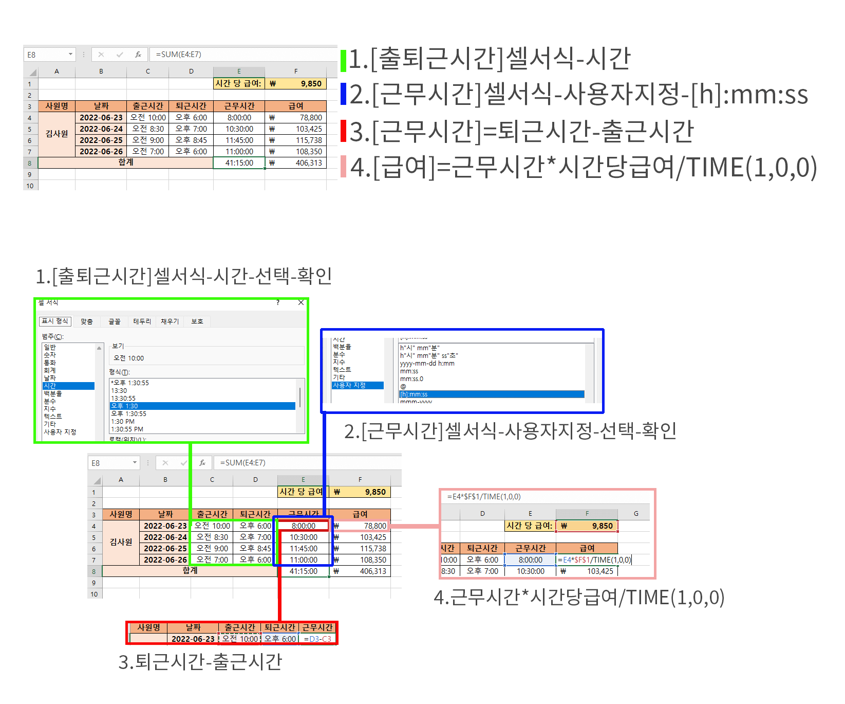 엑셀 적용 이미지 근무시간 구하기 및 급여 구하기