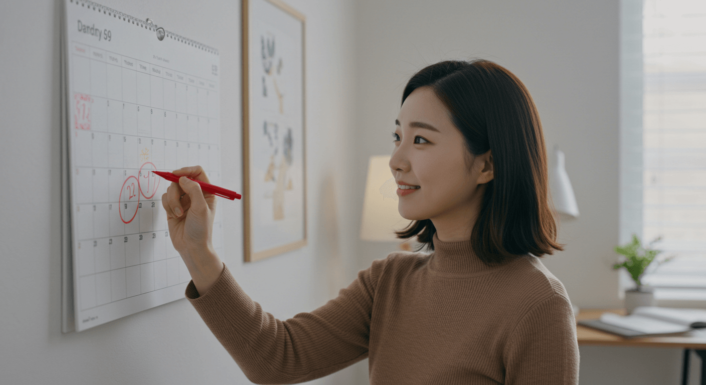 한국 여성이 집에서 달력에 생활지원금 신청 마감일을 표시하는 장면 3