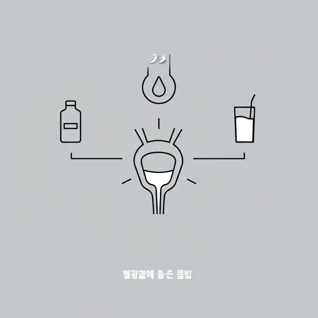 알코올이 이뇨 작용 및 방광 염증을 유발하여 방광염에 해로운 영향을 미치는 모습.