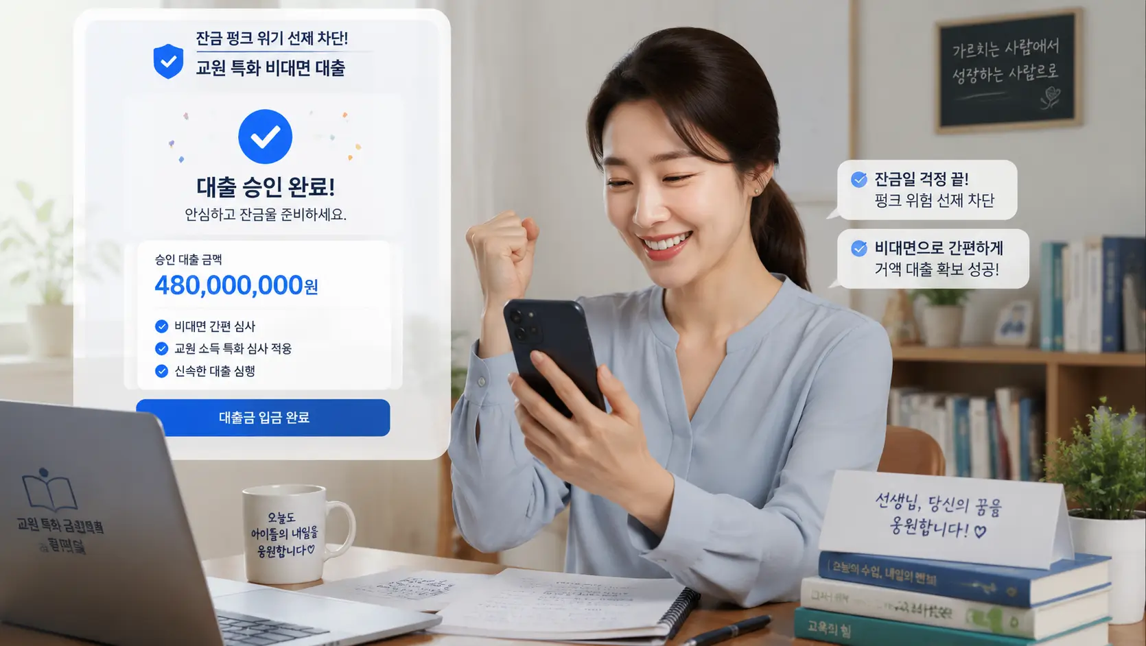 잔금 펑크 위기를 선제적으로 차단하고 비대면 플랫폼으로 거액 대출을 확보하여 안도하는 교원 차주의 모습