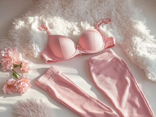 파스텔 핑크 레깅스와 매칭되는 브라탑&#44; 그 위에 걸칠 수 있는 얇은 흰색 커버업이 놓여있는 코디 제안 사진