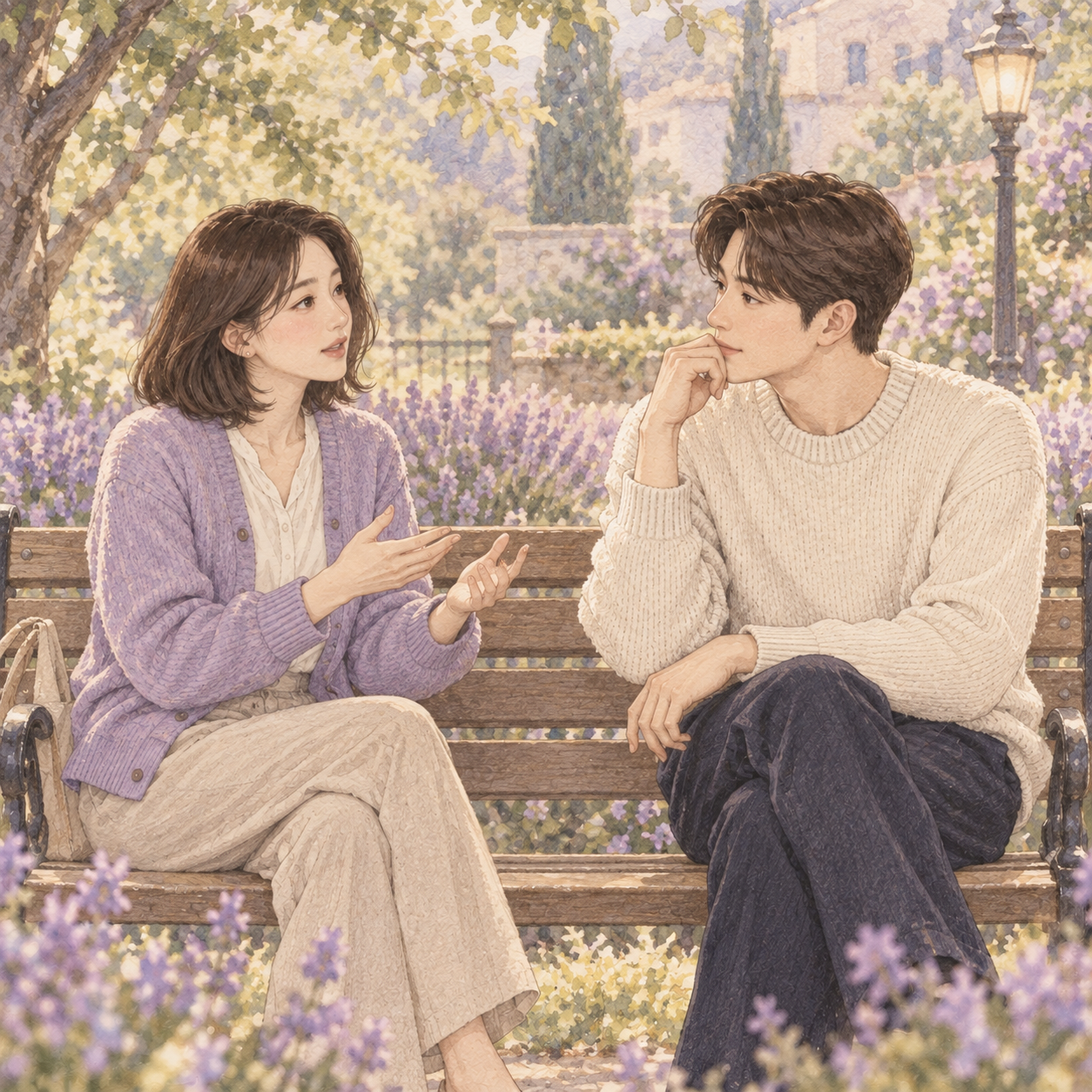 공원 벤치에서 관계에 대한 마음을 나누는 나래와 현우의 일러스트