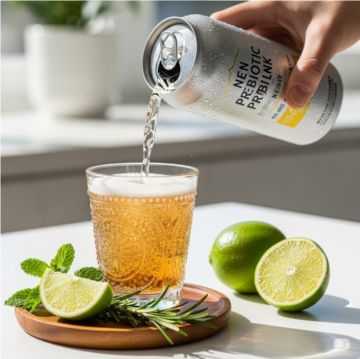 아름답게 장식된 컵에 프리바이오틱 탄산음료를 따르고, 그 옆에 신선한 라임과 허브가 놓여 있는 모습. 청량함과 건강을 동시에 강조