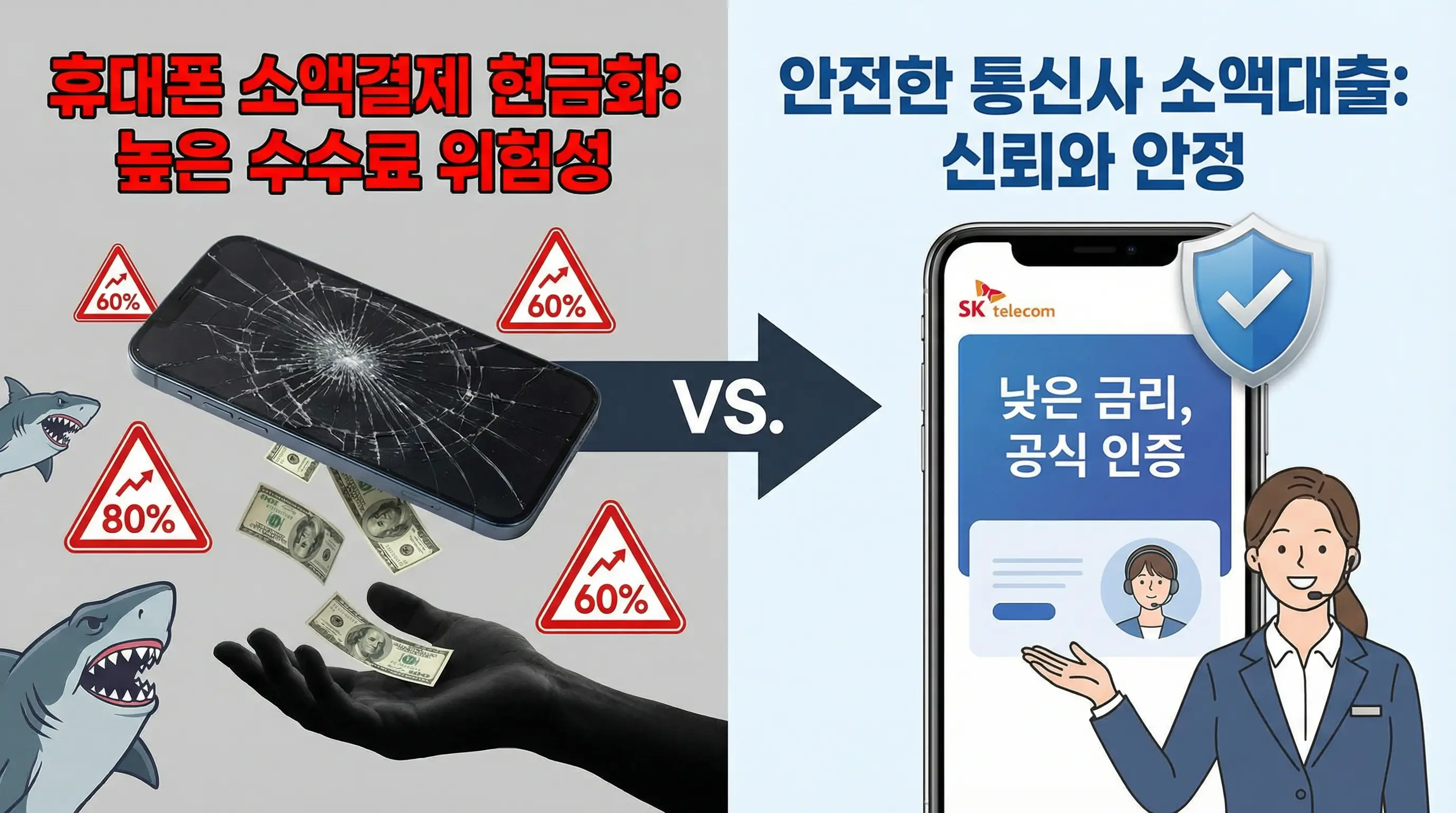휴대폰 소액결제 현금화의 높은 수수료 위험성과 안전한 통신사 소액대출을 비교하는 모습