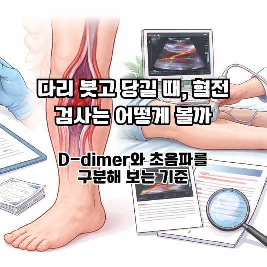한쪽 다리 붓기와 혈전 검사를 차분히 확인하는 중년의 일상 장면