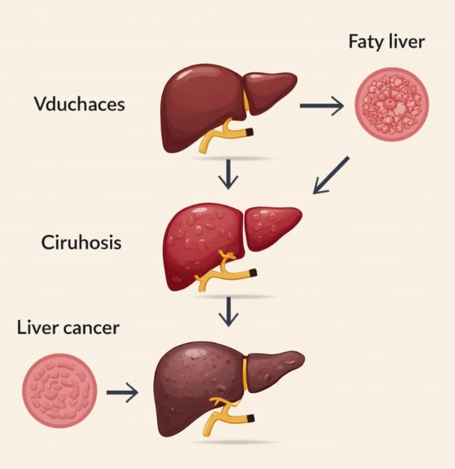 지방간이 간경변, 간암으로 진행되는 과정을 보여주는 일러스트레이션