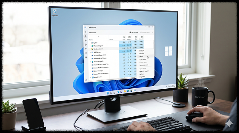 작업 관리자에서 Windows 탐색기를 다시 시작하는 모습