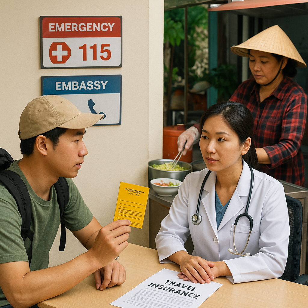 한 젊은 동아시아 남성이 진료실 데스크에서 예방접종 카드를 보여주고 있고, 뒤편으로는 길거리 음식 노점과 응급·대사관 연락처 안내판